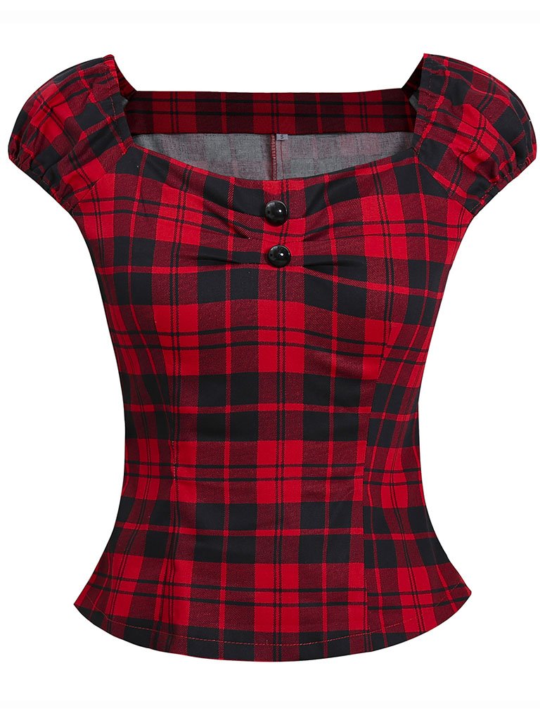 1950S Plaid Puff Sleeve Crop Tops