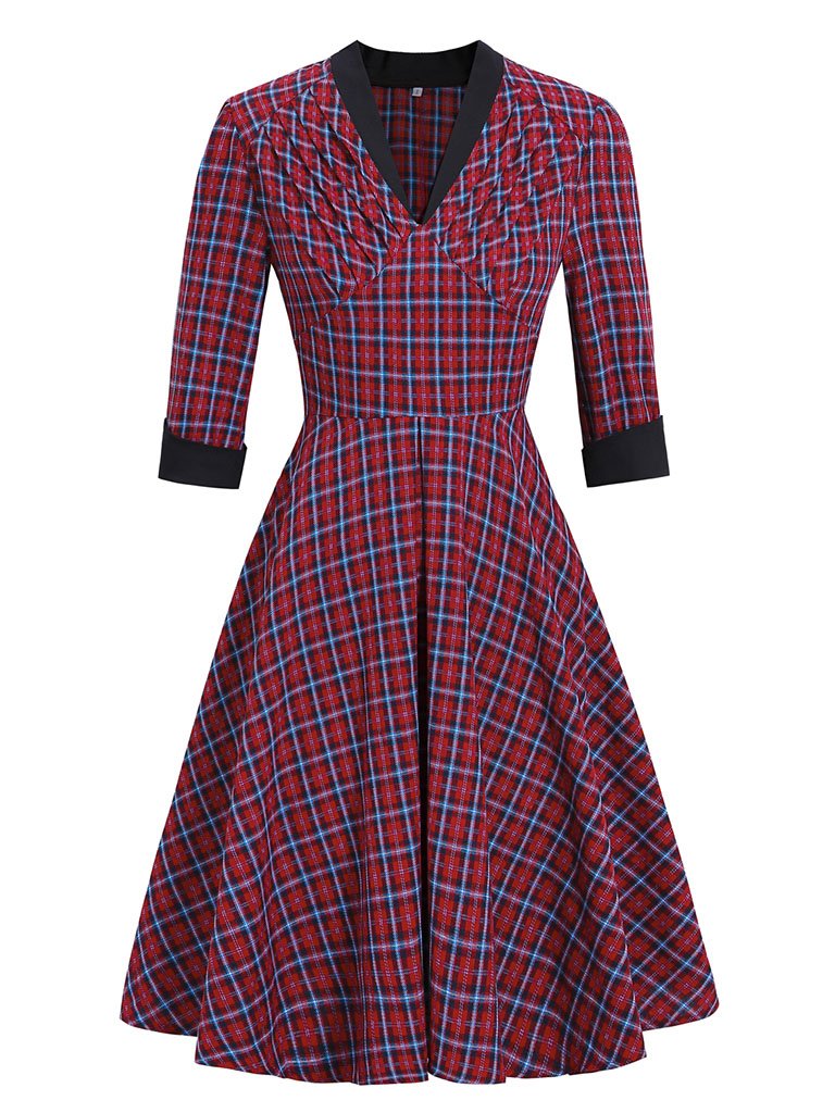 1950S Plaid 3/4 Sleeve Vintage Dress 