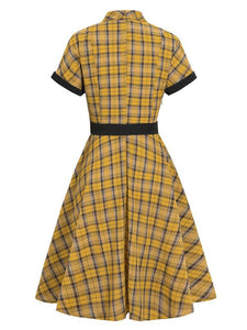 1950S Yellow Plaid  Vintage Dress With Belt