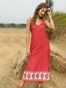 Women's Boho Dress Floral Printed Spaghetti Strap Beach Dress Maxi Dress