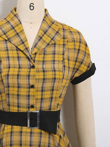 1950S Yellow Plaid  Vintage Dress With Belt