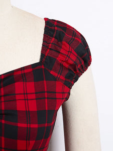 1950S Plaid Puff Sleeve Crop Tops