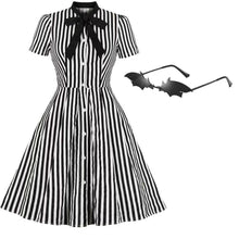 Load image into Gallery viewer, Beetlejuice Costume Pocket Dress Black and White Vertical Stripe Dress With Sunglasses