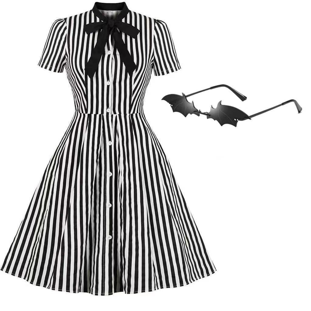 Beetlejuice Costume Pocket Dress Black and White Vertical Stripe Dress With Sunglasses
