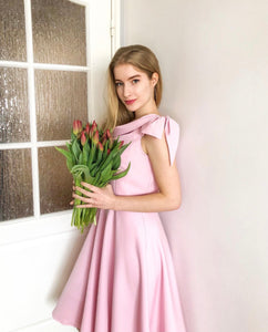 Pink High Waist 1950s Off Shoulder Bow Dress