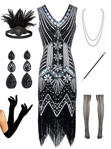 1920s  Sequined Fringed Gatsby Flapper Dress Set