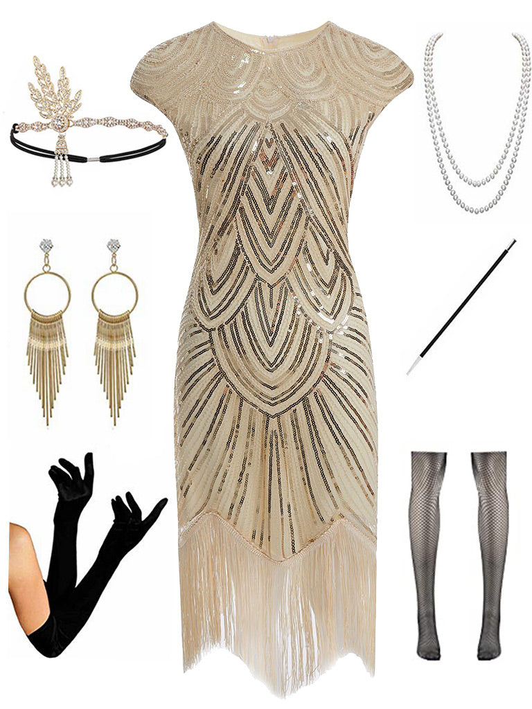 1920s Gatsby Sequined Fringed Flapper Dress Set, Gold / S
