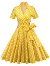 Load image into Gallery viewer, Elegant High Waist V Neck Short Sleeve Dots Vintage Dress