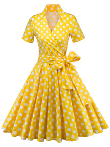 Elegant High Waist V Neck Short Sleeve Dots Vintage Dress