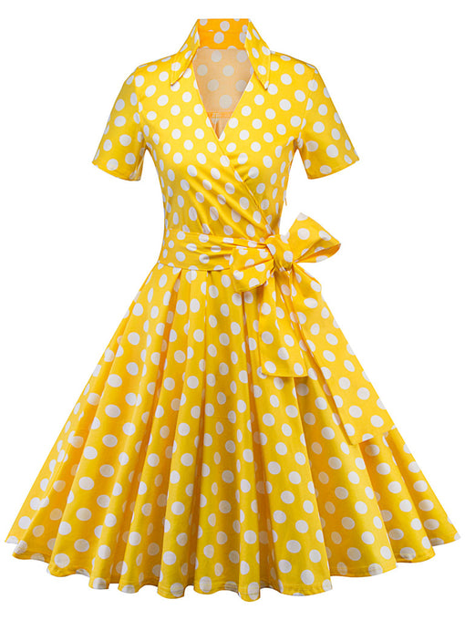 Elegant High Waist V Neck Short Sleeve Dots Vintage Dress