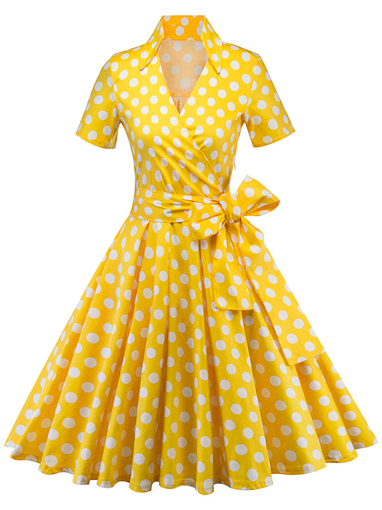 Elegant High Waist V Neck Short Sleeve Dots Vintage Dress
